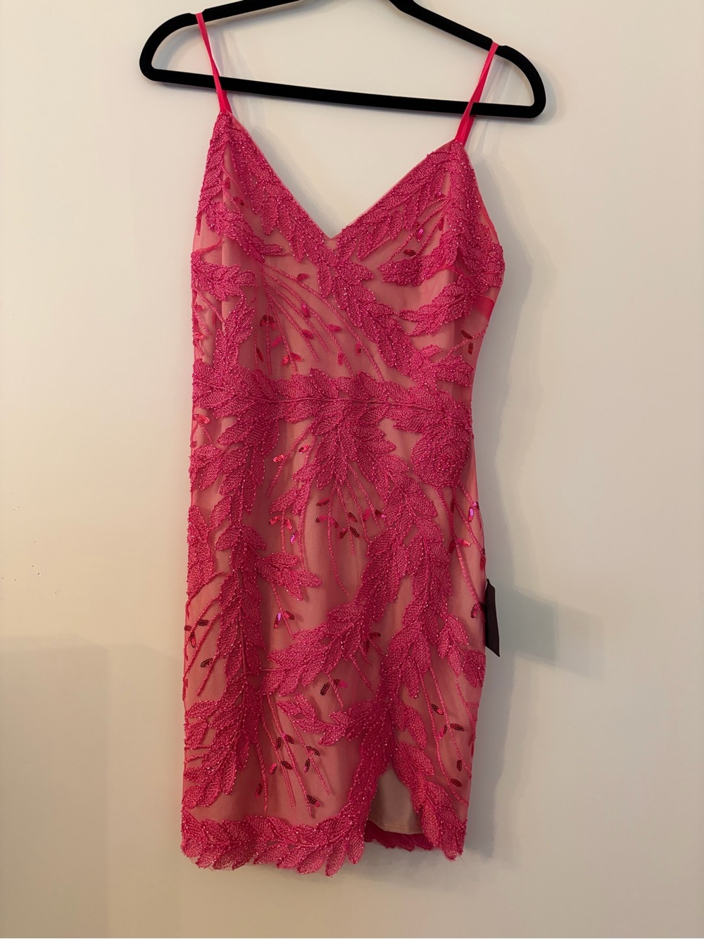 Lulu's Fuchsia Beaded Lace Spaghetti-Strap Mini Dress